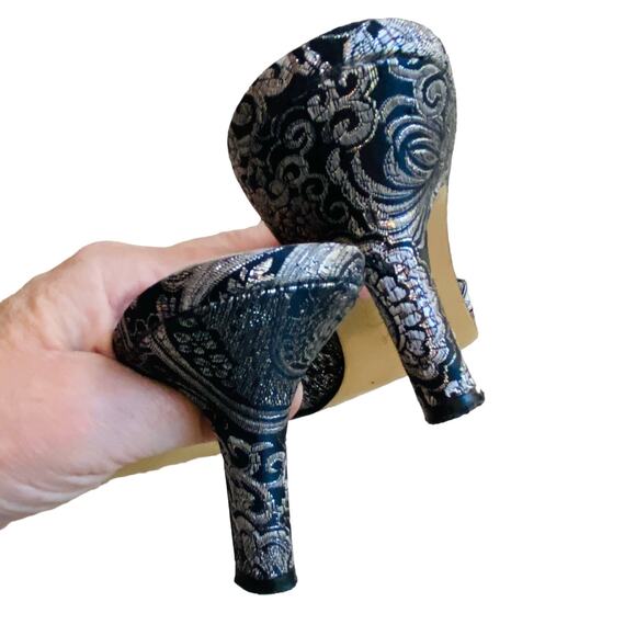 Silver metallic brocade high heels dressy retro slip ons mules slides US 9.5M - Picture 5 of 8